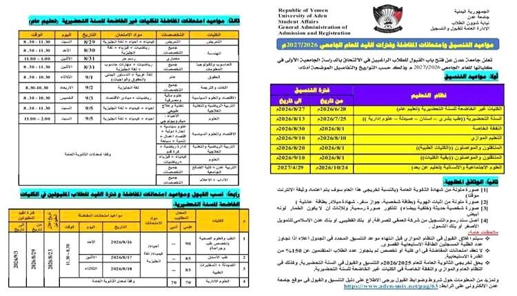 جامعة عدن تبدأ غدا استقبال طلبات التنسيق والقبول للعام الجامعي 2026–2027